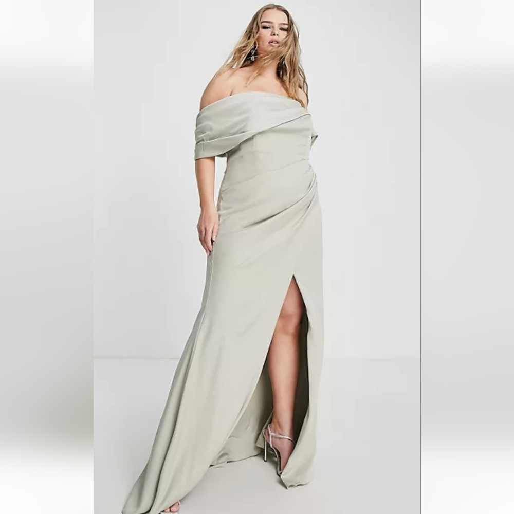 ASOS Sage Green Bardot Satin Dress